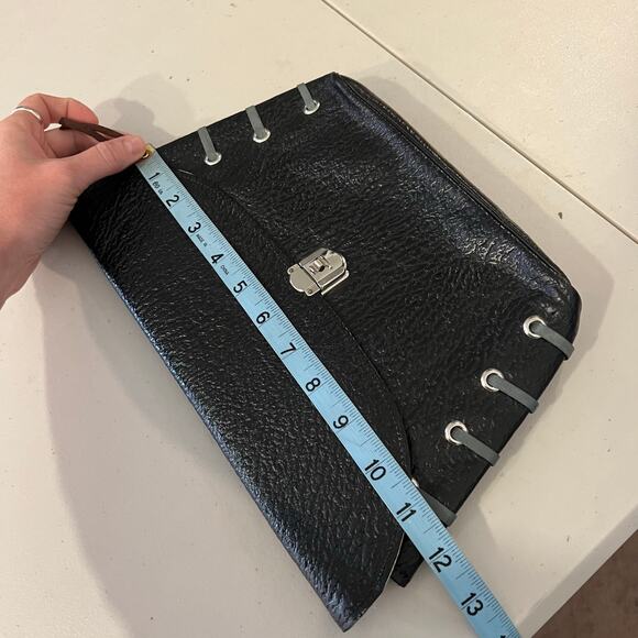 Vintage 90s Black Genuine Leather Weaved Silver Lock Large Clutch Bag - Picture 11 of 13